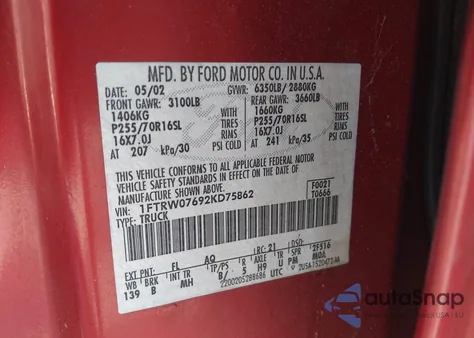 2002 Ford F-150 Lariat/Xlt z USA, uszkodzony, nr VIN 1FTRW07692KD75862